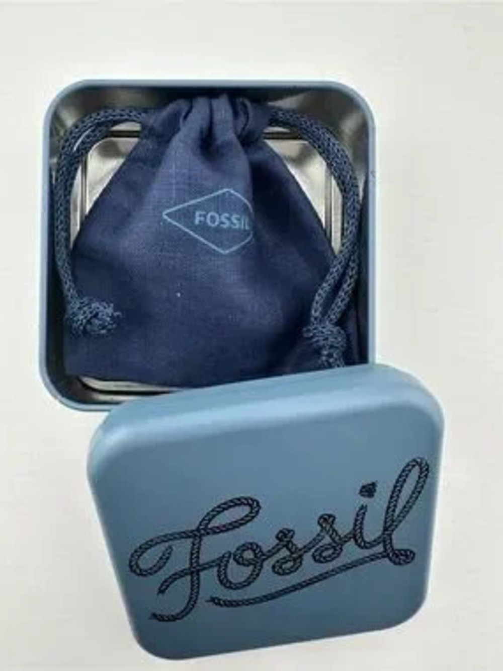 Fossil Blue Necklace Tin with Drawstring Pouch